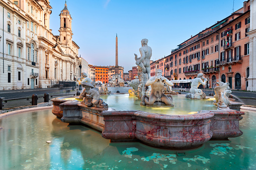 Piazza Navona in Rome, Italy at dawn.