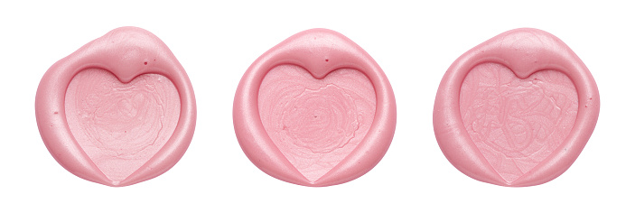 Set of pink wax seal with heart shape isolated on white background