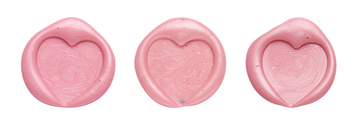 Set of pink wax seal with heart shape isolated on white background