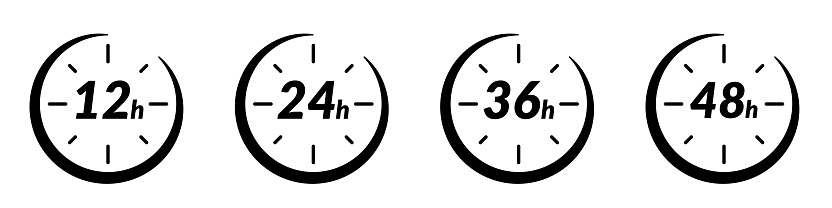 12 and 24-hour clock icon .48h and 72h fast delivery timer. Special day sales with 24h and 36-hour logos, open arrow effects for time display. Flat vector illustrations isolated in background.