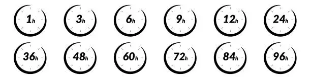 Vector illustration of 24h and 48h fast delivery time icon. Clock showing 12 and 6 hours, for sale and fast delivery logo. Represents 24, 36, and 72 hrs. Flat vector illustrations isolated in background.