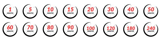 Clock icon with 5, 15, and 30-minute timer marks, stopwatch and chrono functionalities. for countdowns and time management. Flat vector illustrations isolated in background. Clock icon with 5, 15, and 30-minute timer marks, stopwatch and chrono functionalities. for countdowns and time management. Flat vector illustrations isolated in background. number counter stock illustrations