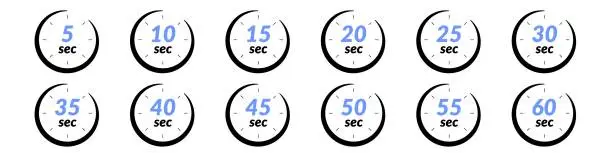 Vector illustration of Digital stopwatch icon 30 and 60-second intervals, electronic countdown timer for minutes and seconds.Graphic circle face for reading, time management and tracking. Flat vector illustrations isolated