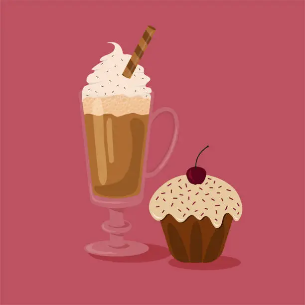 Vector illustration of Coffee in glass vector flat. A glass of coffee with foam and a cupcake with a cherry on a pink background. Vector illustration