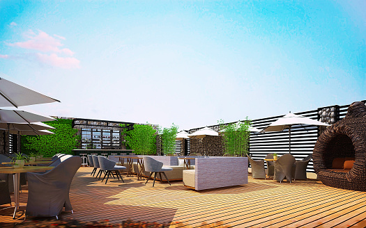 3d render of rooftop cafe restaurant terrace