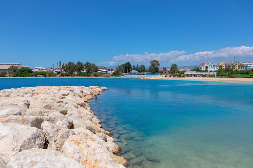 View of the beautiful beach and blue lagoon. Marina beach in Limassol Cyprus