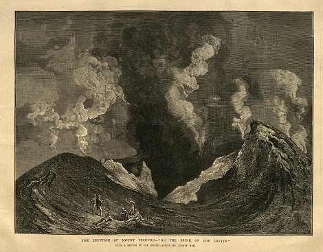 Vintage illustration Eruption of Volcano Mount Vesuvius, 1872, On the Brink of the crater, 19th Century