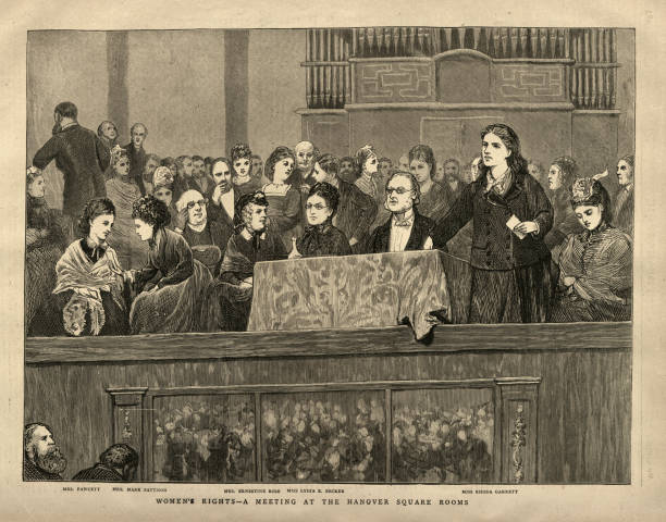 Suffragette, Victorian Women's rights meeting, Hanover Square Rooms, Mrs Fawcett, Lydia E Becker, Rhoda Garrett, 1872, Victorian 19th Century vector art illustration