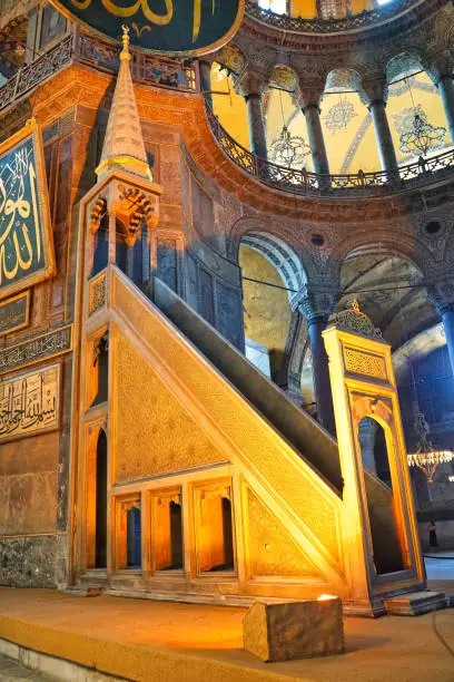 Minbar inside the Hagia Sophia mosque earlier an christian eastern orthodox church built by Byzantine emperor Justinian in 537 AD and a UNESCO world heritage site in Istanbul, Turkey