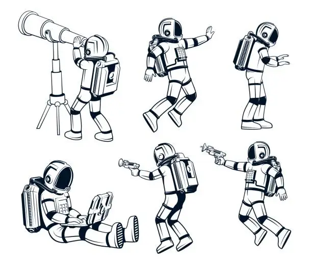 Vector illustration of Astronaut in a spacesuit in various poses