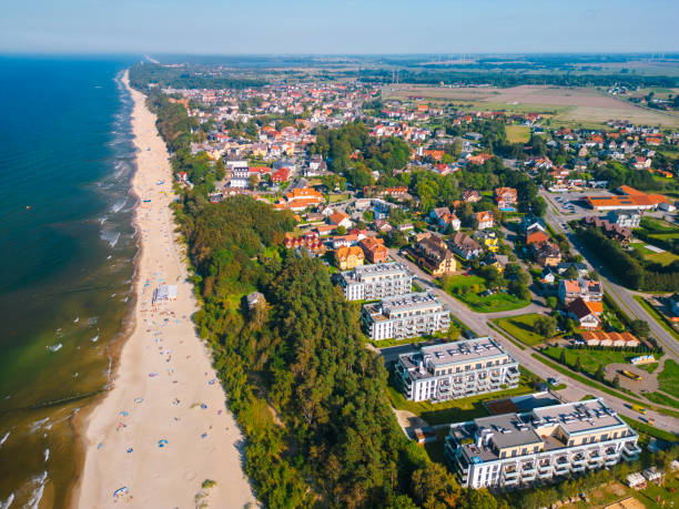 aerial view of rewal town with baltic sea poland - rewal ストックフォトと画像