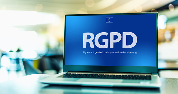 Laptop computer displaying the sign of RGPD, General Data Protection Regulation, a European Union regulation on information privacy in the European Union