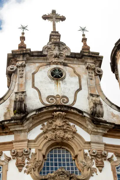 Detail of Church of Our Lady of Mount Carmel, built in 1813, one of icons of brazilian baroque architecture. Ouro Preto, Minas Gerais state, Brazil