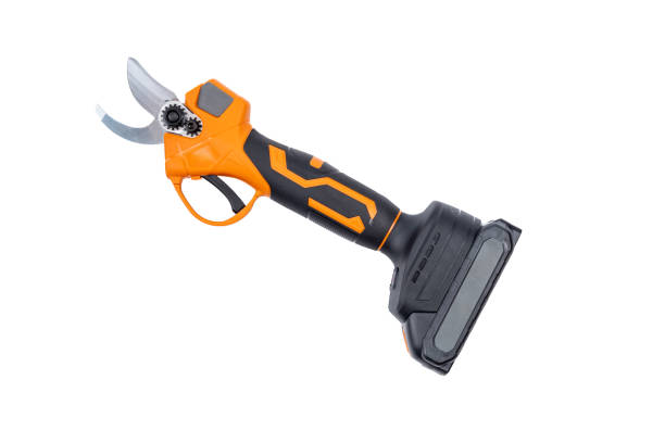 istock Red garden battery powered pruning shears, secateurs, pruner isolated on a white background. Gardening electric tool equipment. Pruning of vineyard or fruit tree. Top view. 1950009981