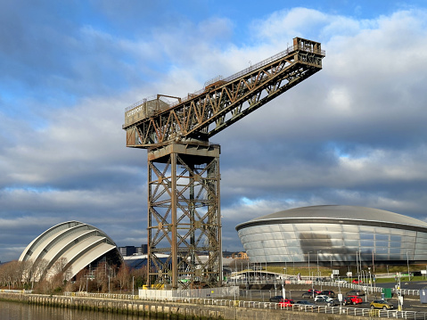 Glasgow, UK, January 14th 2024, Finnieston crane surrounded by the Armadillo Building and Hydro Arena