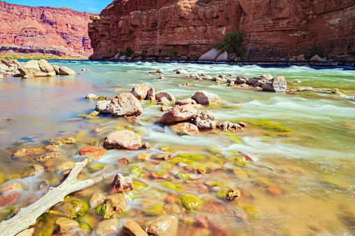 Stormy stream of water on stone rifts.  Lovely warm sunny day. Lees Ferry in the USA - the famous ferry crossing the Colorado River and the Grand Canyon in Arizona.