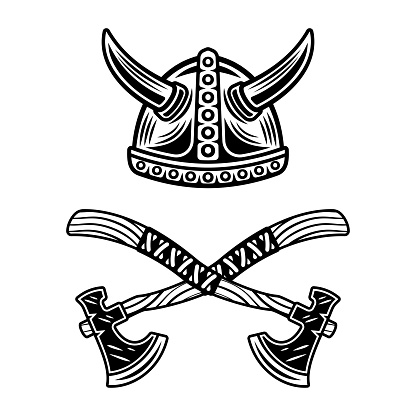 Viking helmet and two crossed axes vector illustration in vintage monochrome style isolated on white background