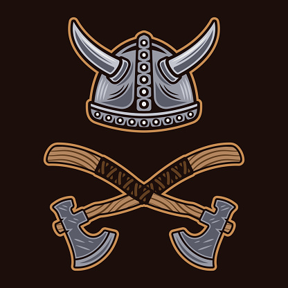 Viking helmet and two crossed axes vector illustration in colored style on dark background