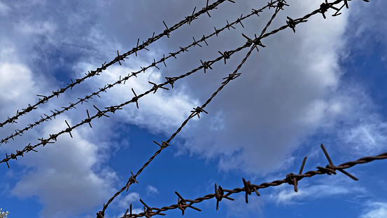 Cloudy blue sky behind barbed wire.