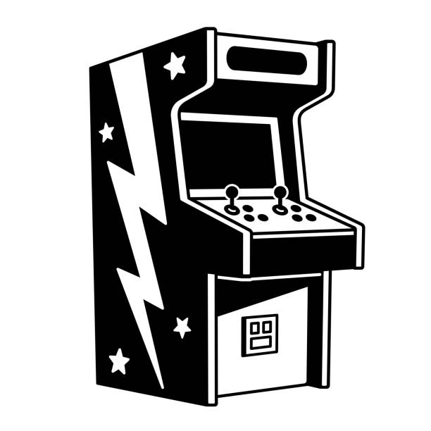 Vintage video game arcade machine Classic 2 player arcade machine, black and white cartoon drawing. Vintage video game vector illustration. nerd stock illustrations