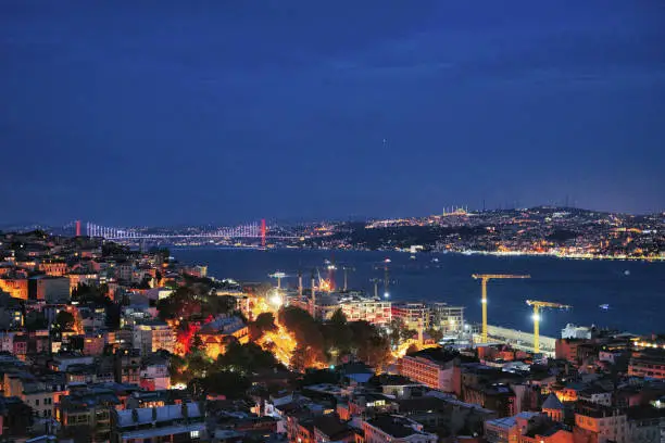 Magnificent night view of the fully lit up bosporus Bridge connecting Asia to Europe from the top of Galata tower, Istanbul, Turkey