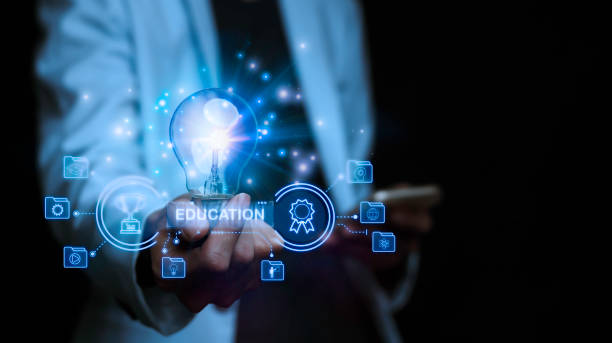 Teacher holding light bulb graduation hat, Internet education science course degree, study knowledge to creative thinking idea. E-learning graduate certificate program educational business concept..