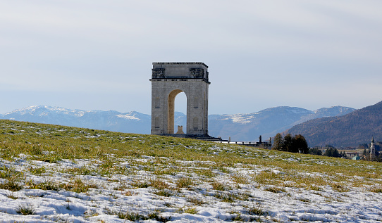 Asiago, VI, Italy - December 9, 2023: War Memorial called OSSARIO del Leiten in winter