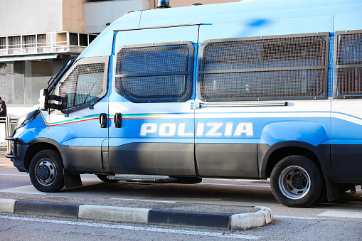 Vicenza, VI, Italy - January 20, 2024: armored van of the Italian police during the protest demonstration in the city