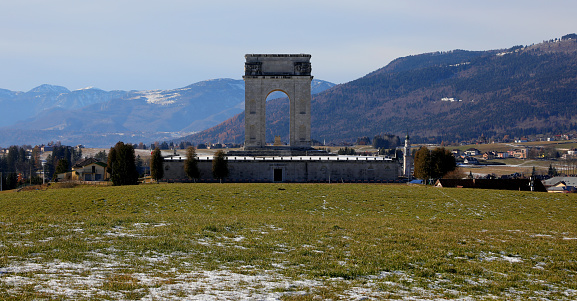 Asiago, VI, Italy - December 9, 2023: War Memorial called OSSARIO del Leiten in winter