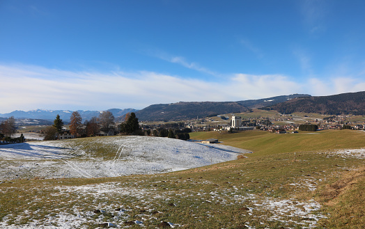 Asiago, VI, Italy - December 9, 2023:  Landscape and War Memorial called OSSARIO del Leiten with snow in winter