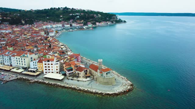 Aerial View of Old Town Piran, Adriatic Sea, Fortress, St. George's Parish Church. Slovenia