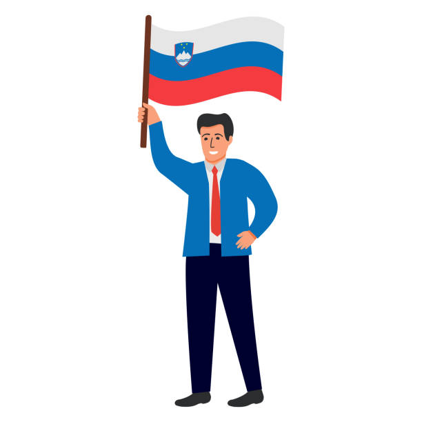 ilustrações, clipart, desenhos animados e ícones de bandeira da eslovênia acenando homem. mão alegre segurando a bandeira da eslovênia. - child flag patriotism thumbs up