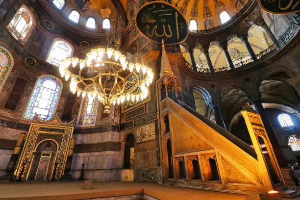 Mihrab inside the Hagia Sophia mosque earlier an christian eastern orthodox church built by Byzantine emperor Justinian in 537 AD and a UNESCO world heritage site in Istanbul, Turkey