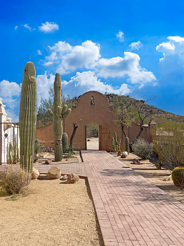 Tucson, AZ, USA - January 18, 2024: Pathway around the San Xavier del bac Mission in Tucson, AZ