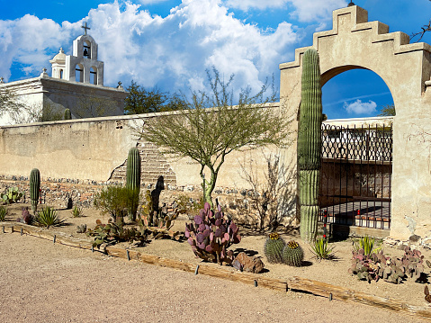 Tucson, AZ, USA - January 18, 2024: The San Xavier del bac Mission building in Tucson AZ