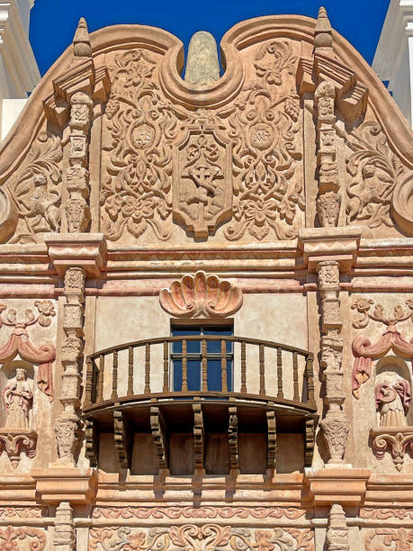 Tucson, AZ, USA - January 18, 2024: Close up of the architectural design work at the San Xavier del Bac Mission in Tucson AZ Tucson, AZ, USA - January 18, 2024: Close up of the architectural design work at the San Xavier del Bac Mission in Tucson AZ tohono o'odham stock pictures, royalty-free photos & images