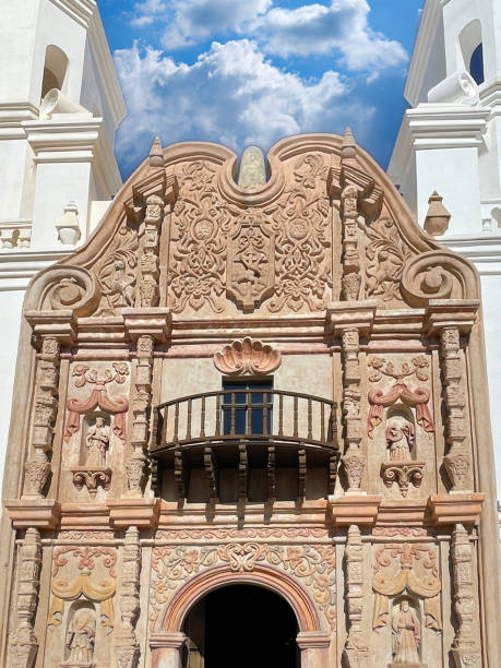 Tucson, AZ, USA - January 18, 2024: Close up of the architectural design work at the San Xavier del Bac Mission in Tucson AZ Tucson, AZ, USA - January 18, 2024: Close up of the architectural design work at the San Xavier del Bac Mission in Tucson AZ tohono o'odham stock pictures, royalty-free photos & images