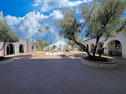 Tucson, AZ, USA - January 18, 2024: The monastery courtyard at the San Xavier del Bac Mission in Tucson AZ