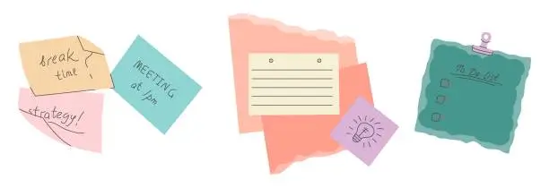 Vector illustration of Collection of note paper, to do list, stickers templates, planner page with washi tape and flowers.