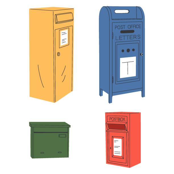illustrazioni stock, clip art, cartoni animati e icone di tendenza di set vettoriale di cassette postali, cassette postali, piedistalli per l'invio e la ricezione di lettere, corrispondenza, giornali. - cassetta postale per linvio della posta
