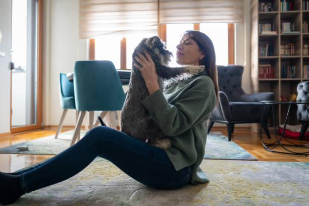 istock Woman having fun with her dog at home 1950226044