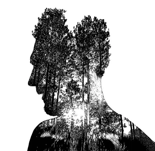 Vector illustration of Multiple Exposure of young man and nature with Glitch Technique