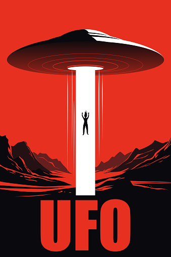 A huge flying saucer and a woman being dragged into it in the ray of mystic light against red background. UFO Poster.