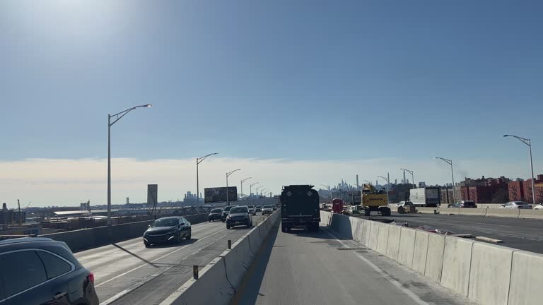 Car Point of View of Bruckner Expressway I-278 (Interstate 278) in the Bronx driving towards New York City on a Clear Day