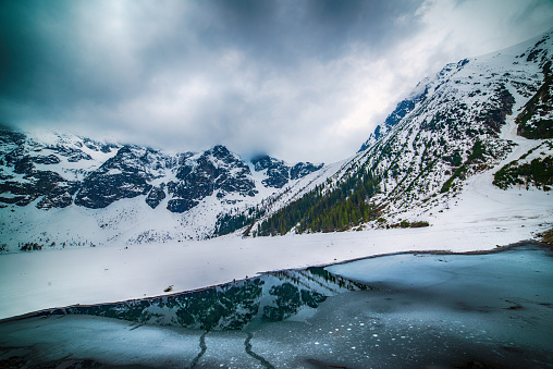 Frozen Lake Morskie Oko or Sea Eye Lake in Poland at Winter. Natural seasonal background, famous touristic place