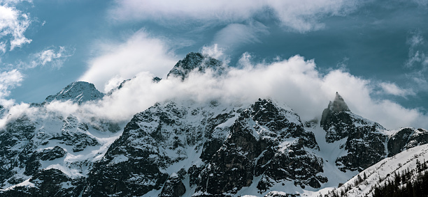Mountain peaks near Morskie Oko or Sea Eye Lake in Poland at Winter. Natural seasonal background, European Tatras