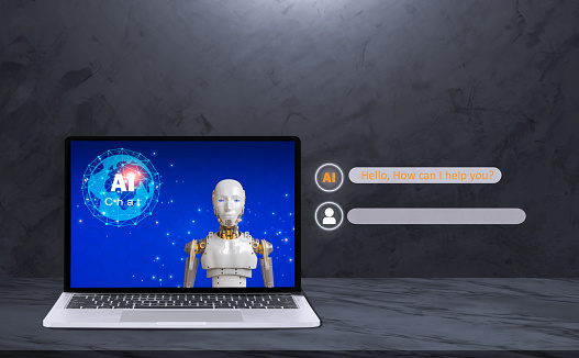 3D Rendering Artificial Intelligence AI technology of Chatbot software Assistant Conversation in Laptop monitor on dark gray table workspace background
