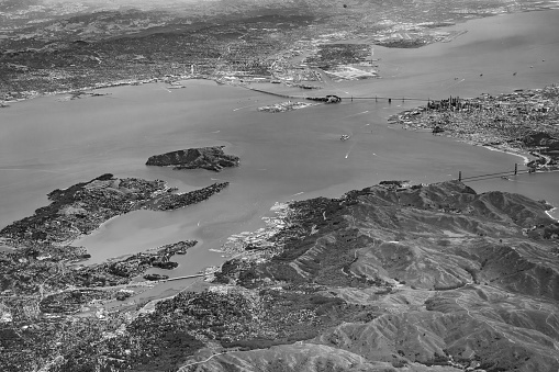 aerial of bay with downtown San Francisco and bay bridge, golden gate and other, USA