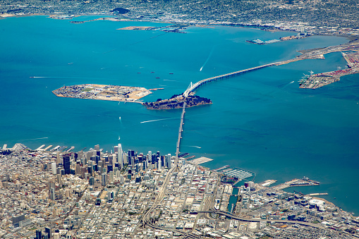 aerial of bay with downtown San Francisco and bay bridge, USA