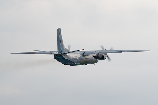 Ukrainian Armed Forces military transport turboprop aircraft taking off from Lviv